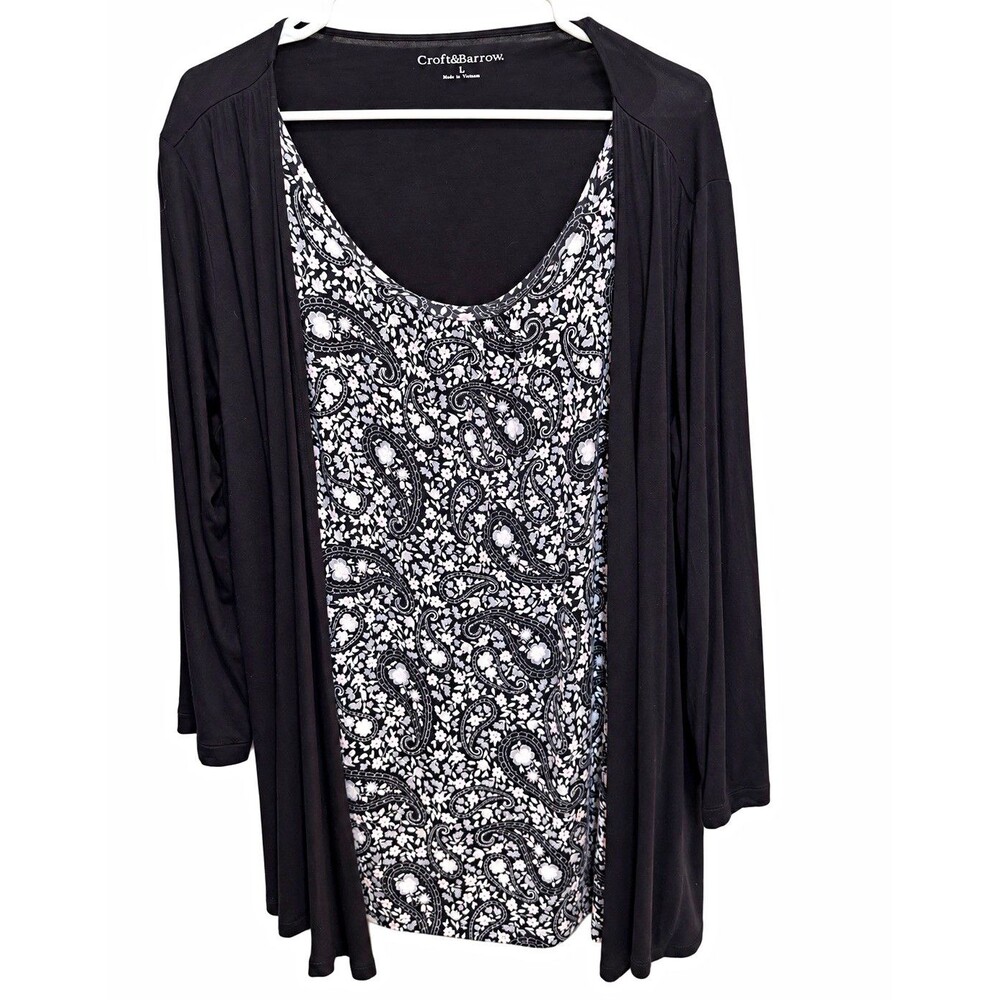 Croft & Barrow Women’s L Black Paisley Layered Scoop Neck Long Sleeve Tunic Top